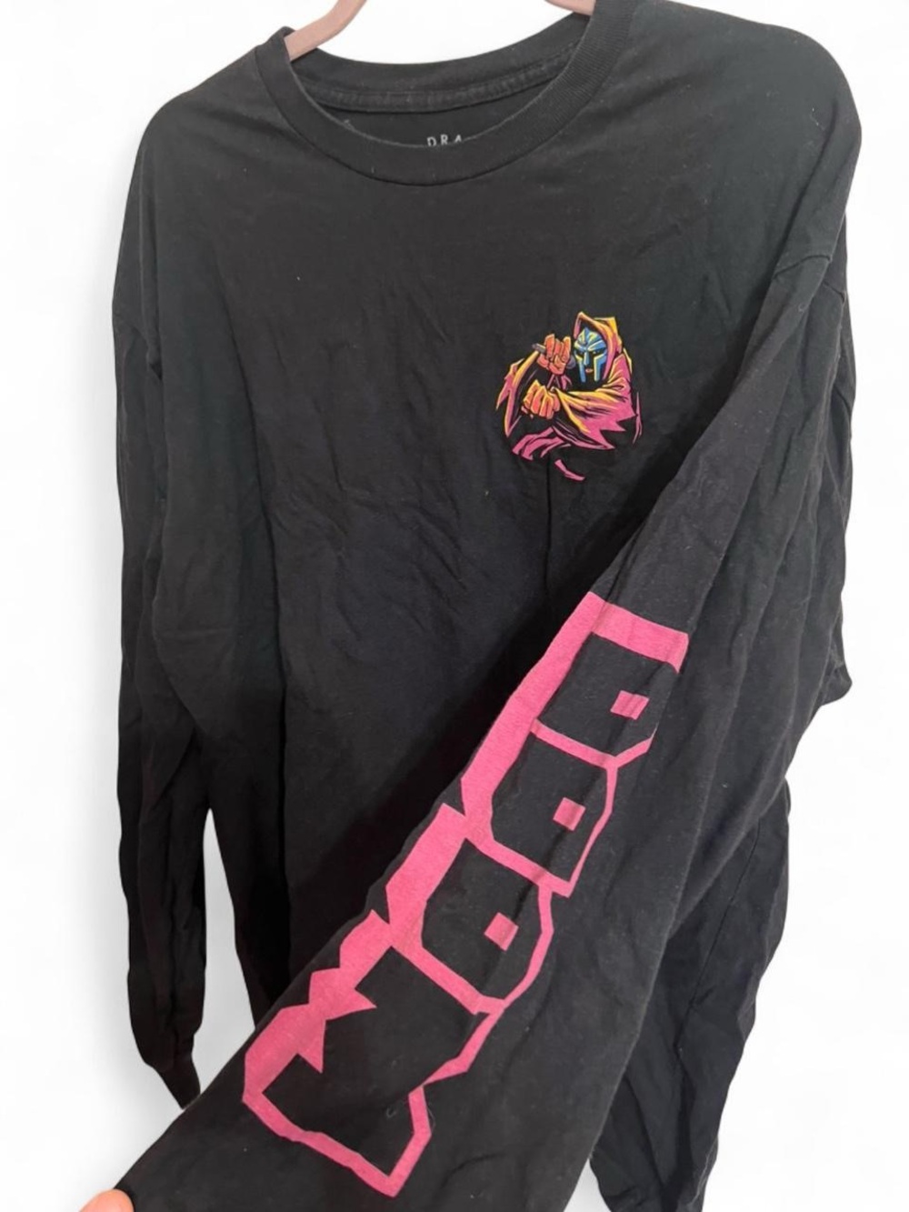 MF DOOM Black Graphic Long Sleeve Tee with Pink Sleeve Print